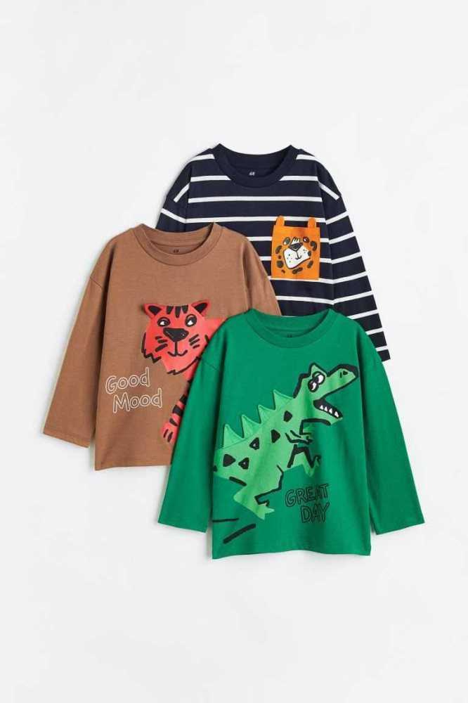 Jersey H&M 3-pack Long-sleeved Shirts Niños Azules Oscuro | 586437RCJ