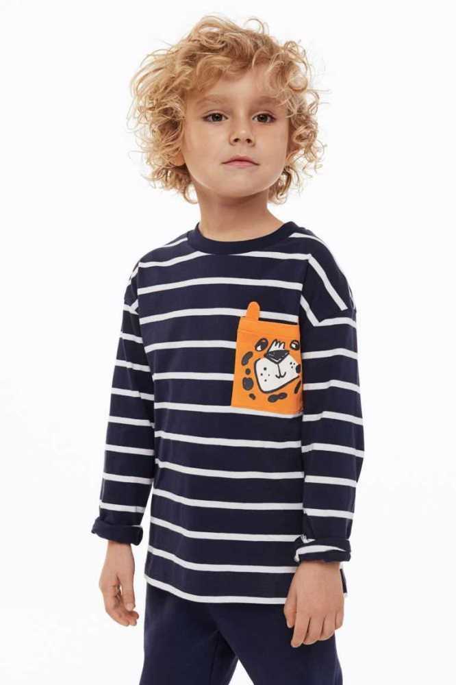 Jersey H&M 3-pack Long-sleeved Shirts Niños Azules Oscuro | 586437RCJ