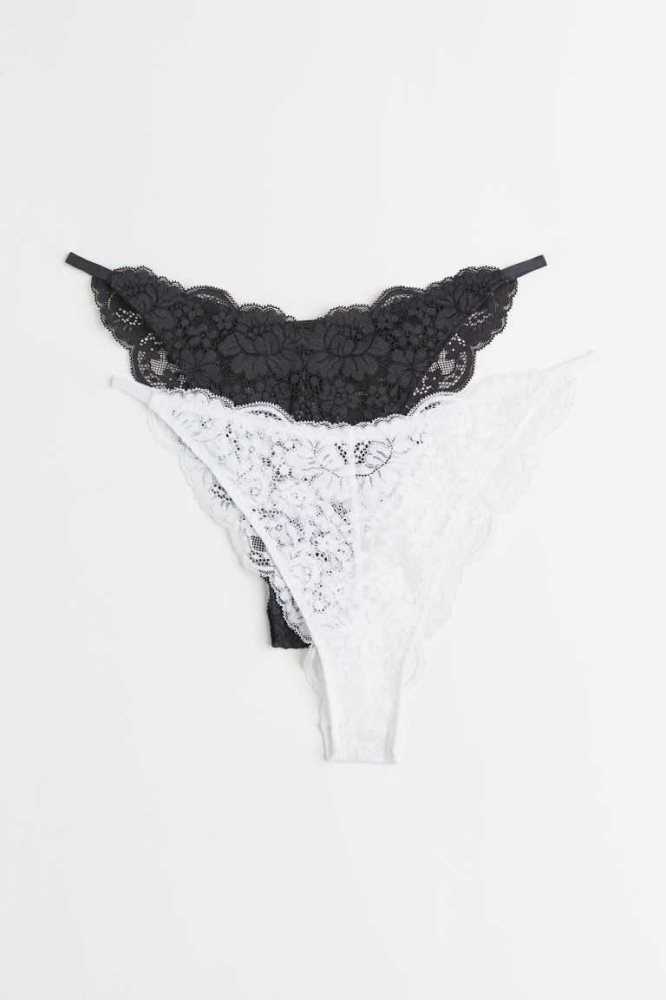 Lencería H&M 2-pack Encaje Brazilian Briefs Mujer Grises Oscuro Blancos | 639042XQY