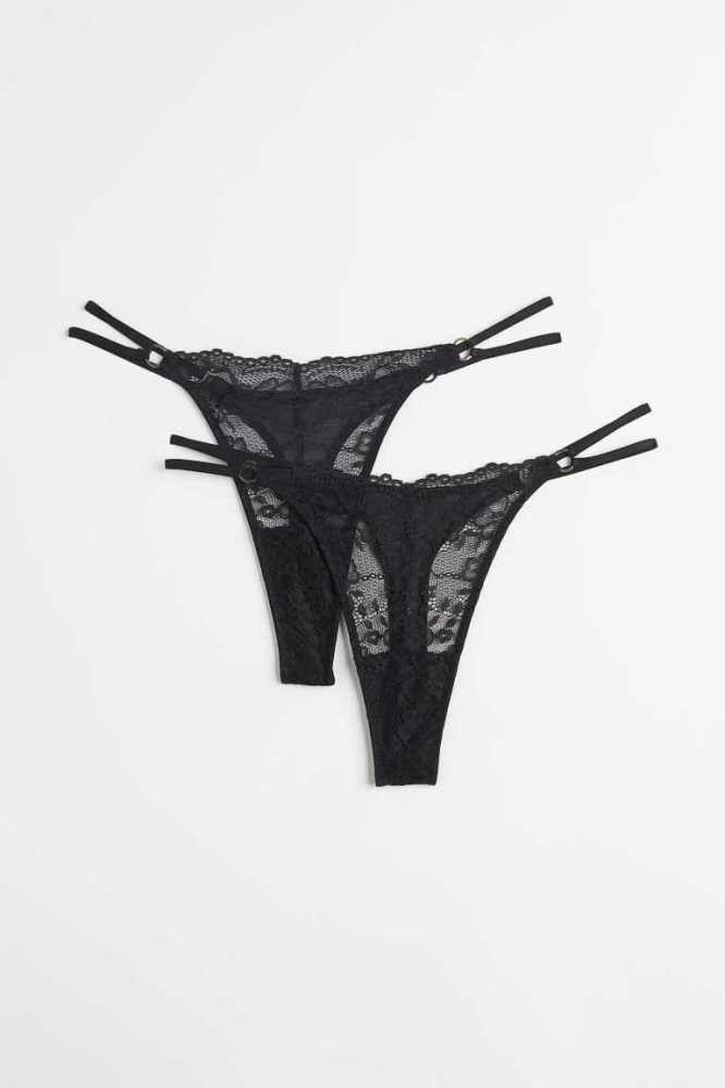 Lencería H&M 2-pack Encaje Tanga Briefs Mujer Negros | 690352IWJ