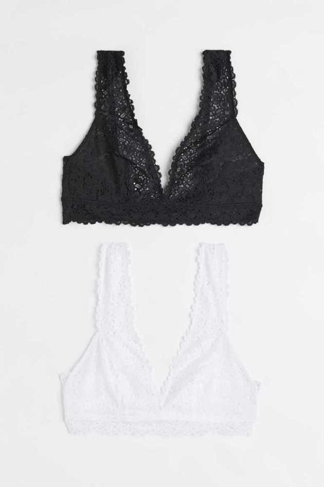 Lencería H&M 2-pack Soft-cup Encaje Bras Mujer Negros Blancos | 459830SRJ