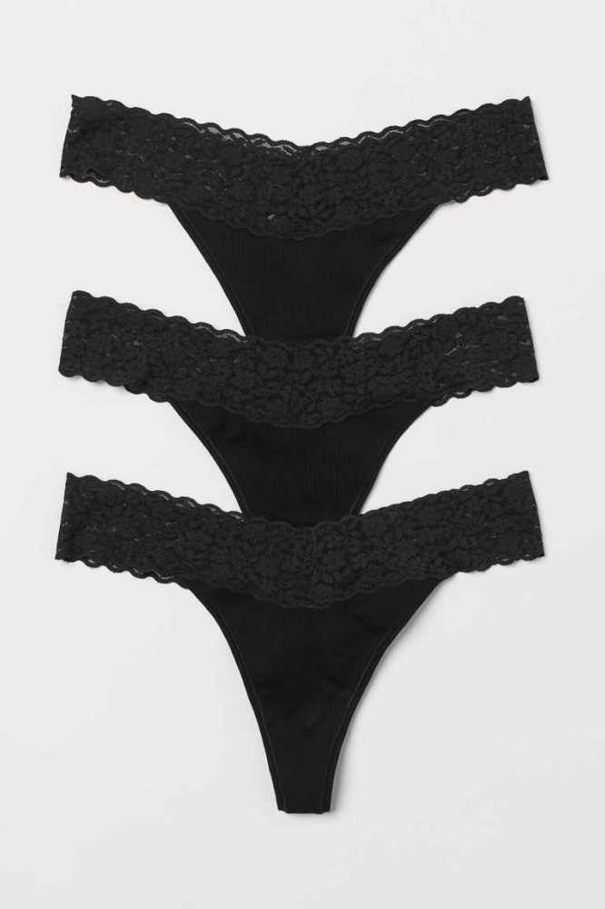 Lencería H&M 3-pack Algodon Tanga Briefs Mujer Negros | 389021IKP