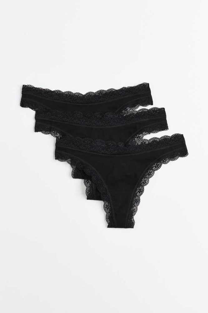 Lencería H&M 3-pack Algodon Tanga Briefs Mujer Negros | 731689JKI