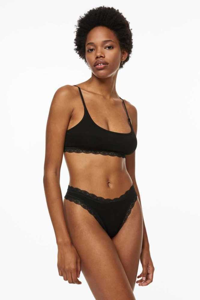 Lencería H&M 3-pack Algodon Tanga Briefs Mujer Negros | 731689JKI