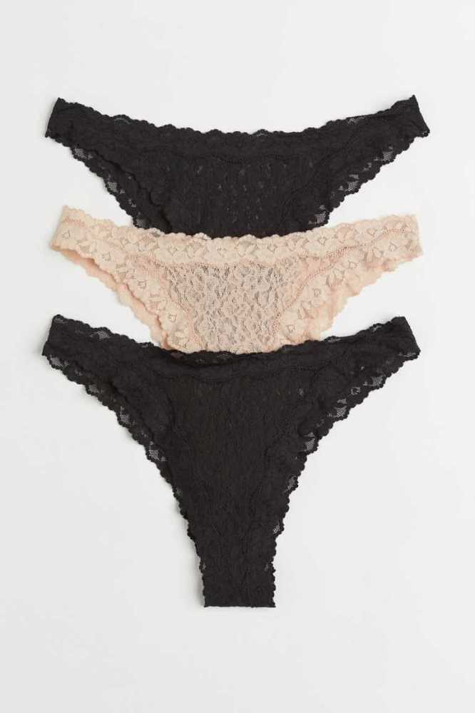 Lencería H&M 3-pack Encaje Brazilian Briefs Mujer Rosas Negros | 372150PKB