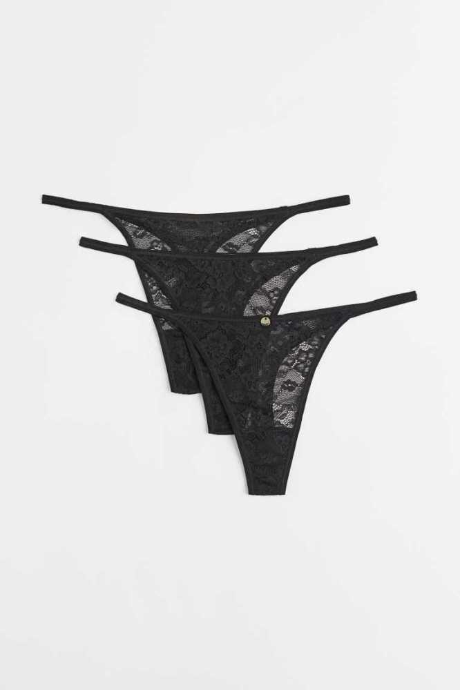 Lencería H&M 3-pack Encaje Tanga Briefs Mujer Negros | 051634QSY