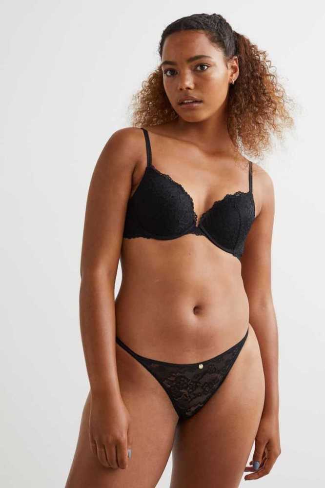 Lencería H&M 3-pack Encaje Tanga Briefs Mujer Negros | 051634QSY