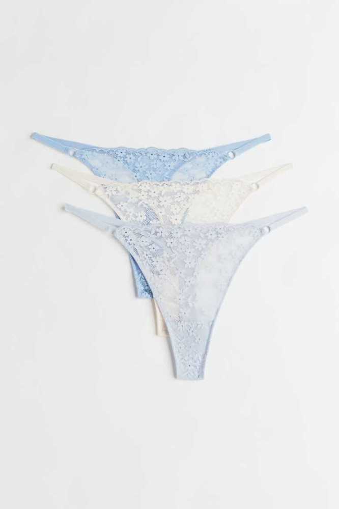 Lencería H&M 3-pack Encaje Tanga Briefs Mujer Azules Claro Creme | 270458OTK