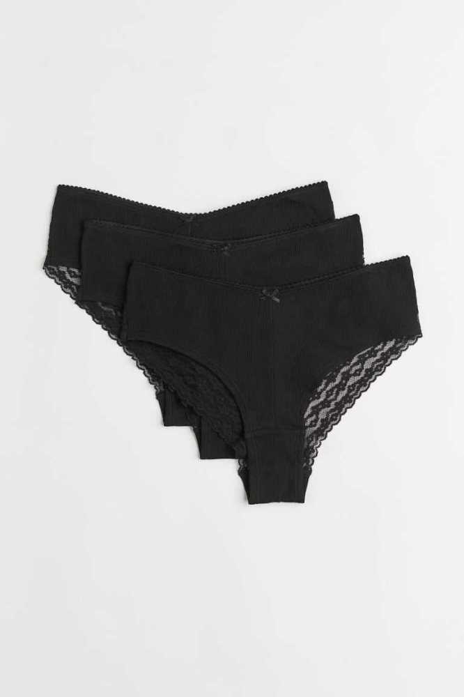 Lencería H&M 3-pack Encaje-trimmed Hipster Briefs Mujer Negros | 149830DIZ