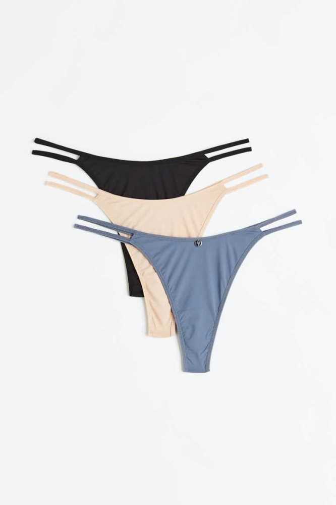 Lencería H&M 3-pack Jersey Tanga Briefs Mujer Negros Beige Claro Azules | 297105NSE