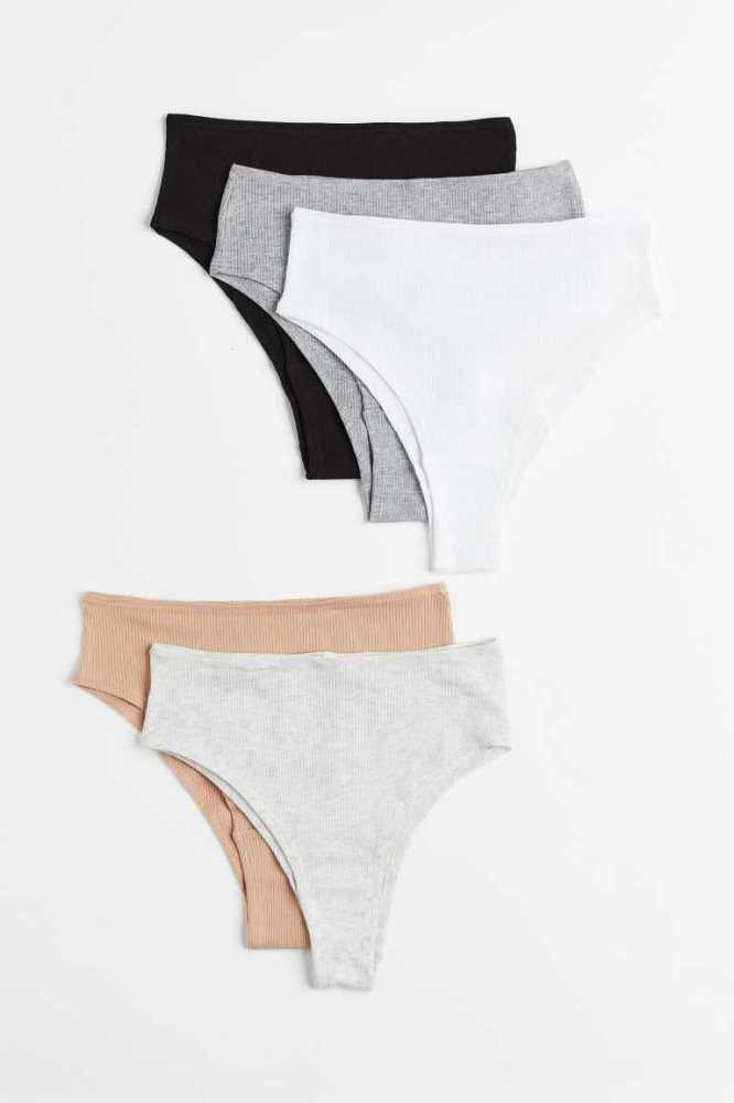 Lencería H&M 5-pack Acanalado Brazilian Briefs Mujer Negros Grises Blancos | 016384IGY