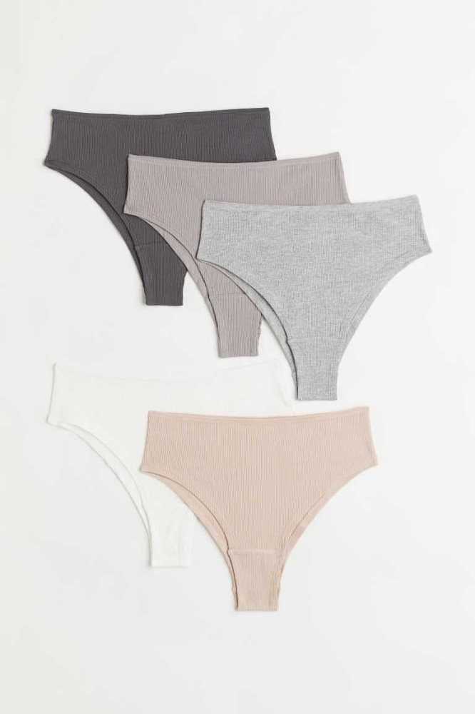 Lencería H&M 5-pack Acanalado Brazilian Briefs Mujer Negros Grises Blancos | 016384IGY