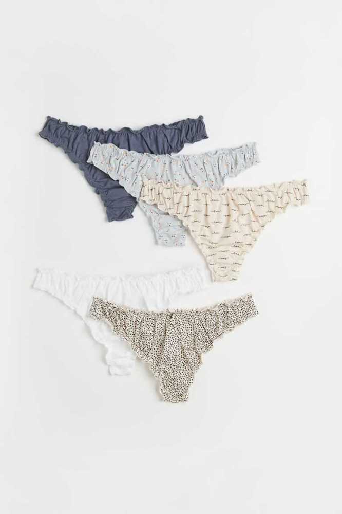 Lencería H&M 5-pack Algodon Tanga Briefs Mujer Blancos Negros Azules Claro | 207853IVC