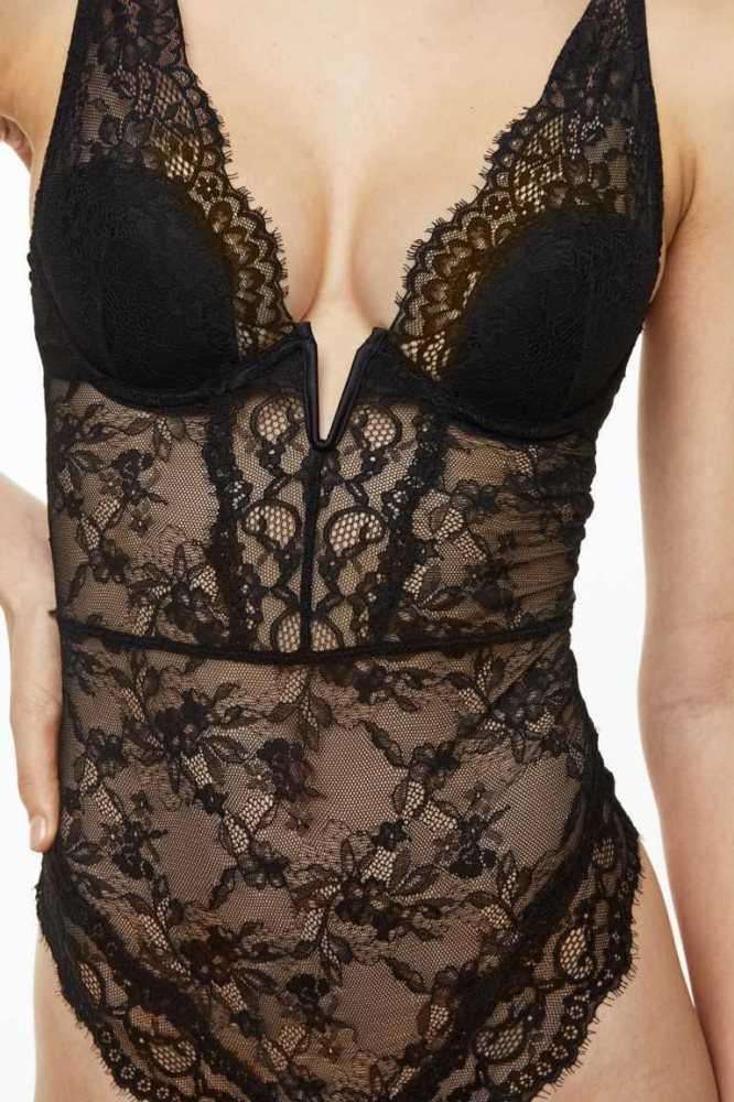 Lencería H&M Acolchado-cup lace body Mujer Negros | 257483DEK