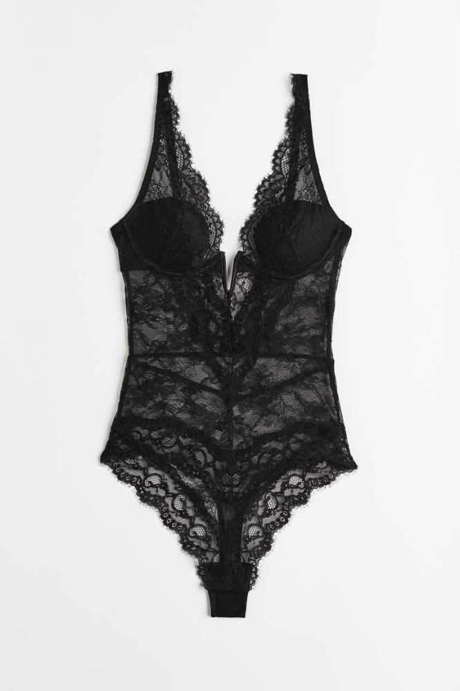 Lencería H&M Acolchado-cup lace body Mujer Negros | 257483DEK