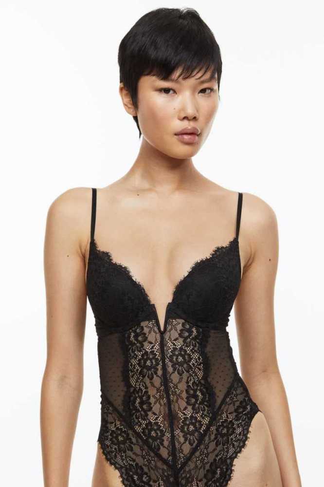 Lencería H&M Encaje super push-up body Mujer Negros | 951420WIU