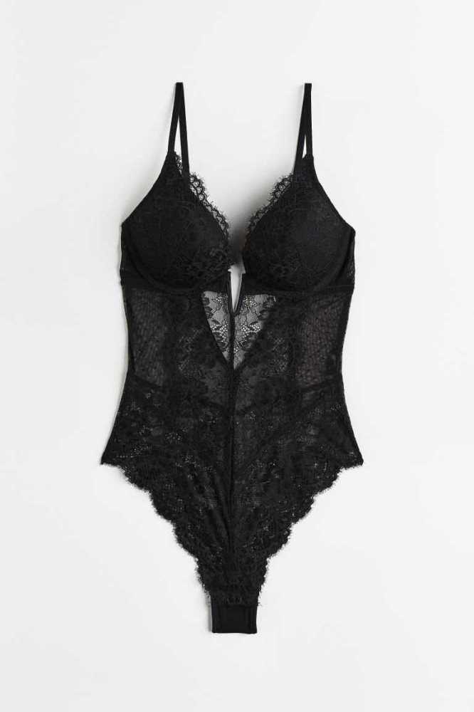 Lencería H&M Encaje super push-up body Mujer Negros | 951420WIU