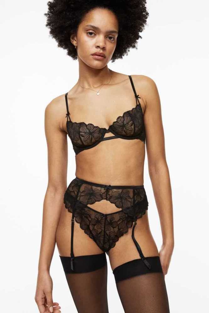 Lencería H&M Encaje suspender belt Mujer Negros | 715620EPY