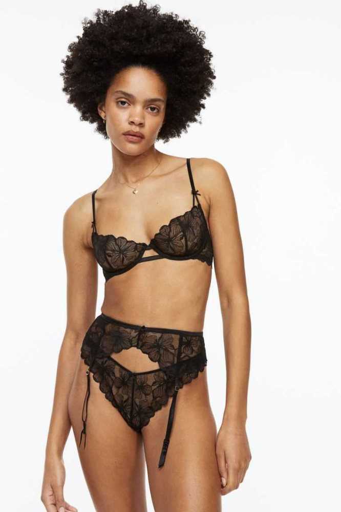 Lencería H&M Encaje suspender belt Mujer Negros | 715620EPY