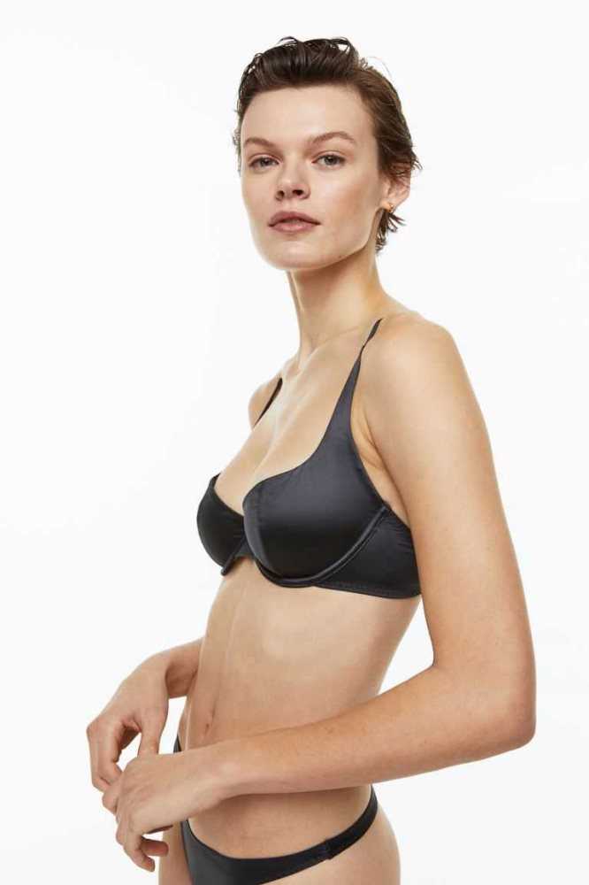 Lencería H&M Non-padded underwired stretch satin bra Mujer Grises Oscuro | 239657FYO