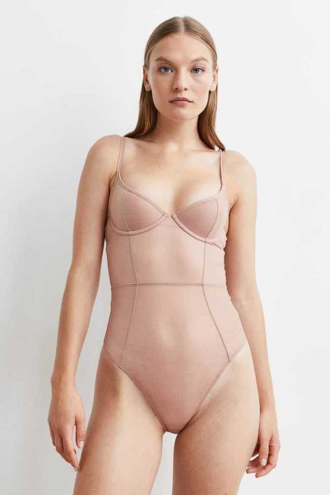 Lencería H&M Push-up Tanga Bodysuit Mujer Beige | 087235BXC