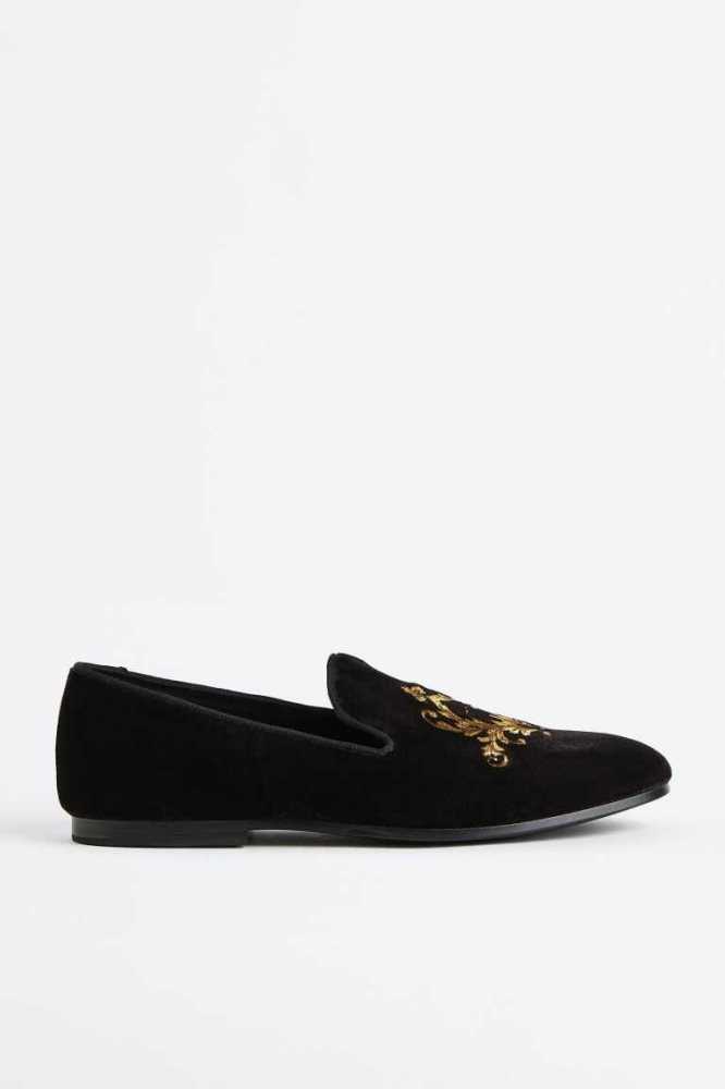 Loafers H&M Embroidered Velour Hombre Negros | 864291MFX