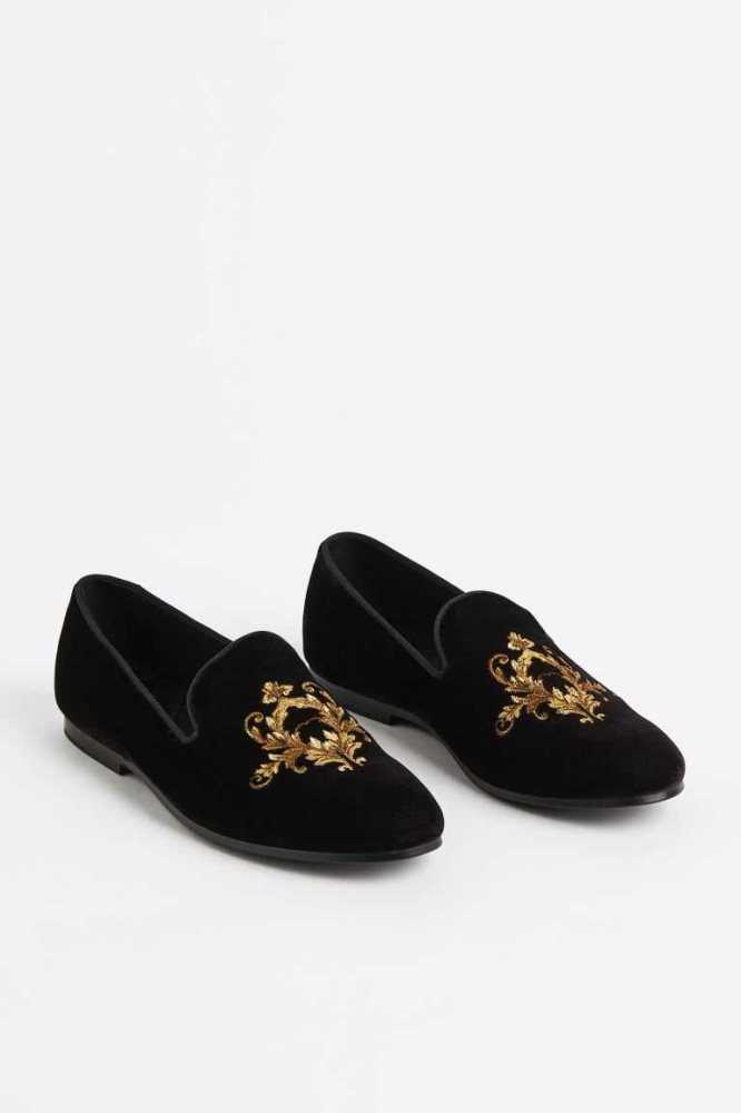 Loafers H&M Embroidered Velour Hombre Negros | 864291MFX