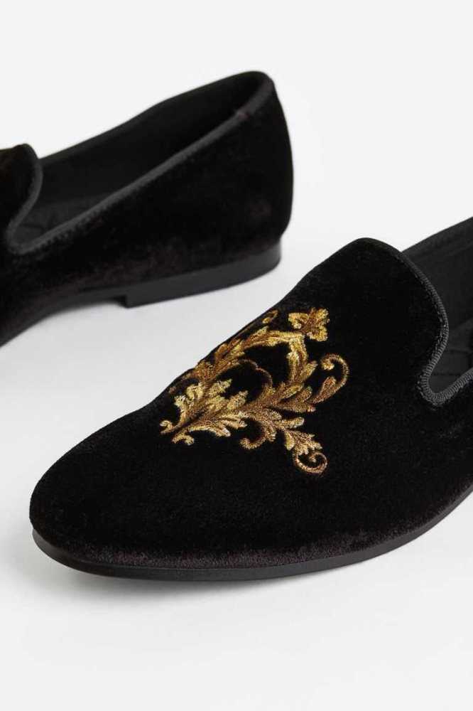 Loafers H&M Embroidered Velour Hombre Negros | 864291MFX