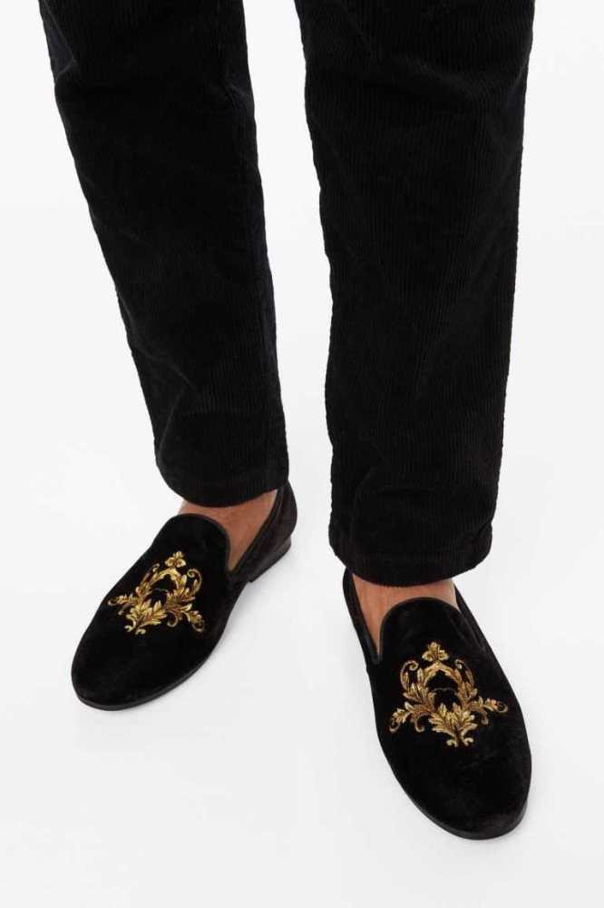 Loafers H&M Embroidered Velour Hombre Negros | 864291MFX