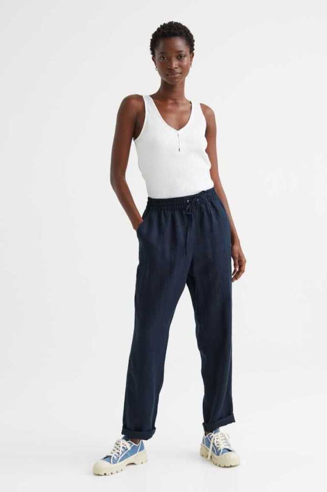 Pantalones H&M Linen Joggers Mujer Azules | 980143TCD