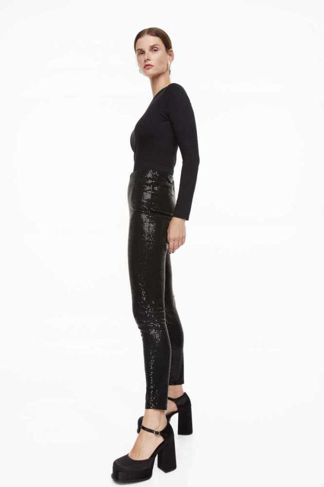 Pantalones H&M Sequined Leggings Mujer Negros | 028465MKN