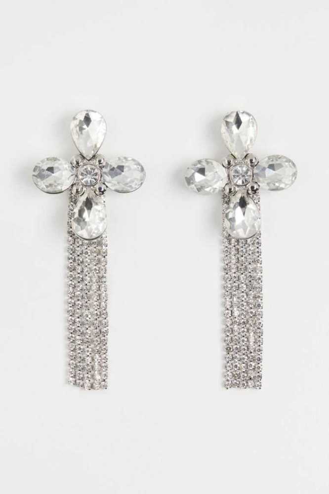 Pendientes H&M Flower-shaped Rhinestone Mujer Plateados | 458273JSW