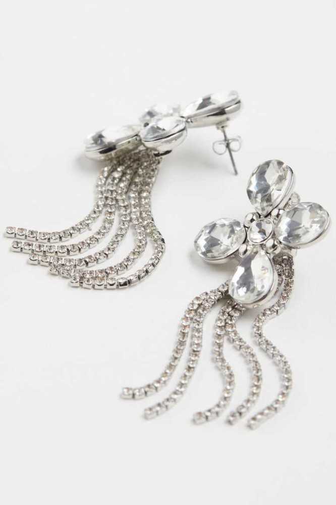 Pendientes H&M Flower-shaped Rhinestone Mujer Plateados | 458273JSW