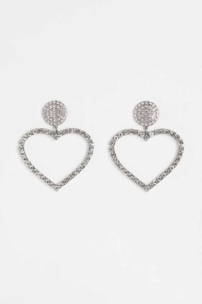 Pendientes H&M Heart-shaped Rhinestone Mujer Plateados | 438902MOR