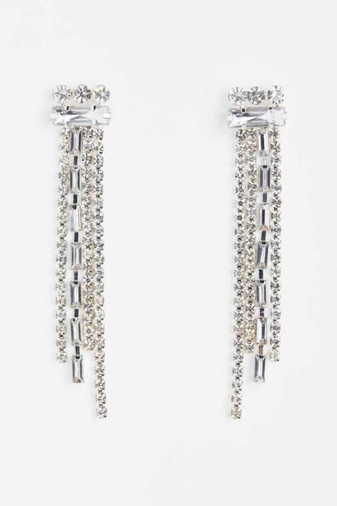 Pendientes H&M Long Rhinestone Mujer Plateados | 512346KSC