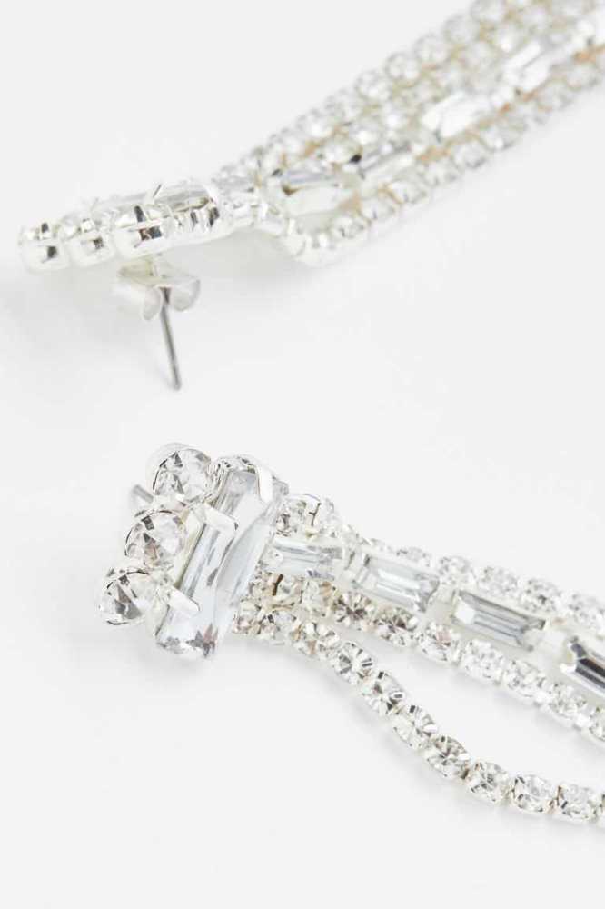 Pendientes H&M Long Rhinestone Mujer Plateados | 512346KSC