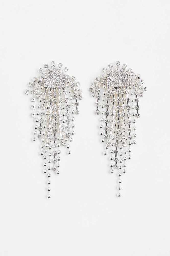 Pendientes H&M Long Rhinestone Mujer Plateados | 529416QUB