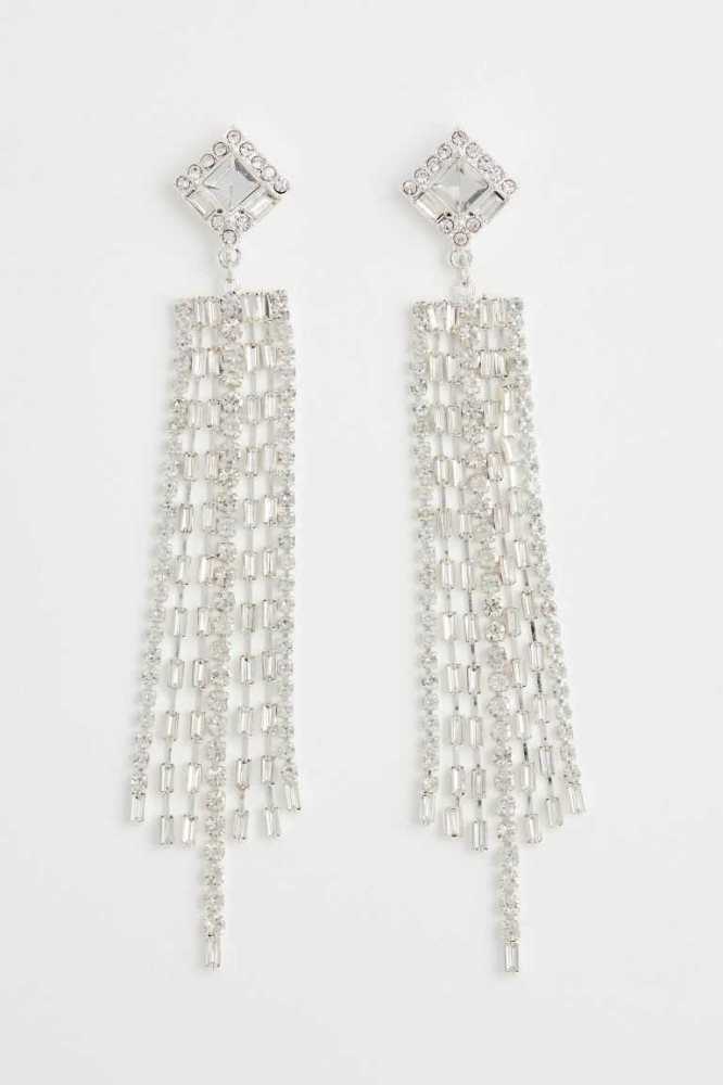 Pendientes H&M Long Rhinestone Mujer Plateados | 581372NWJ