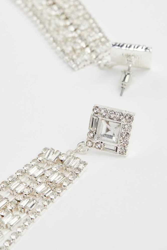 Pendientes H&M Long Rhinestone Mujer Plateados | 581372NWJ