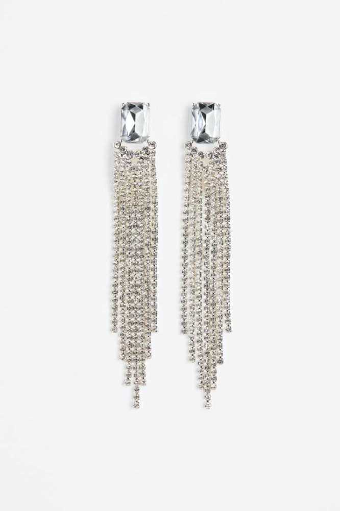 Pendientes H&M Long Rhinestone Mujer Plateados | 790461PFH