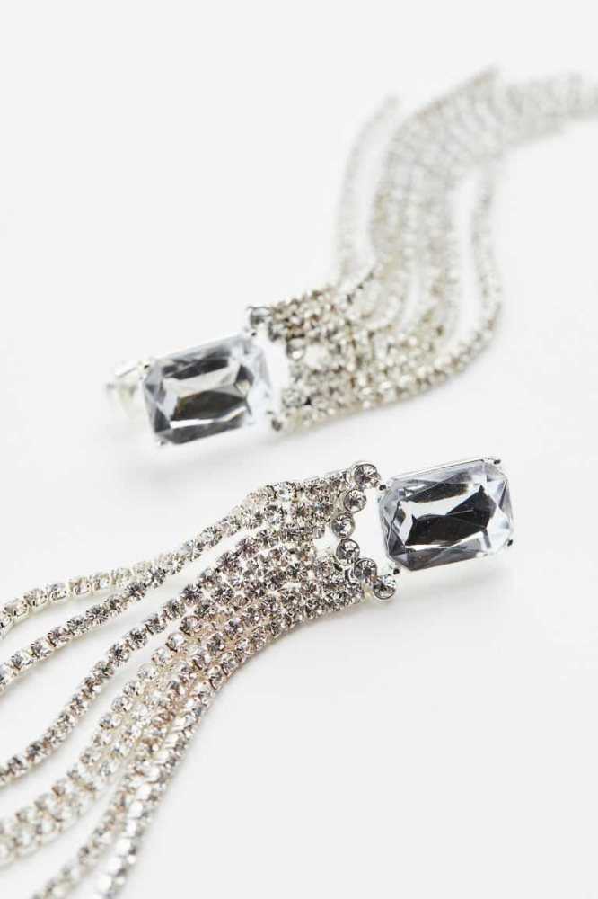 Pendientes H&M Long Rhinestone Mujer Plateados | 790461PFH