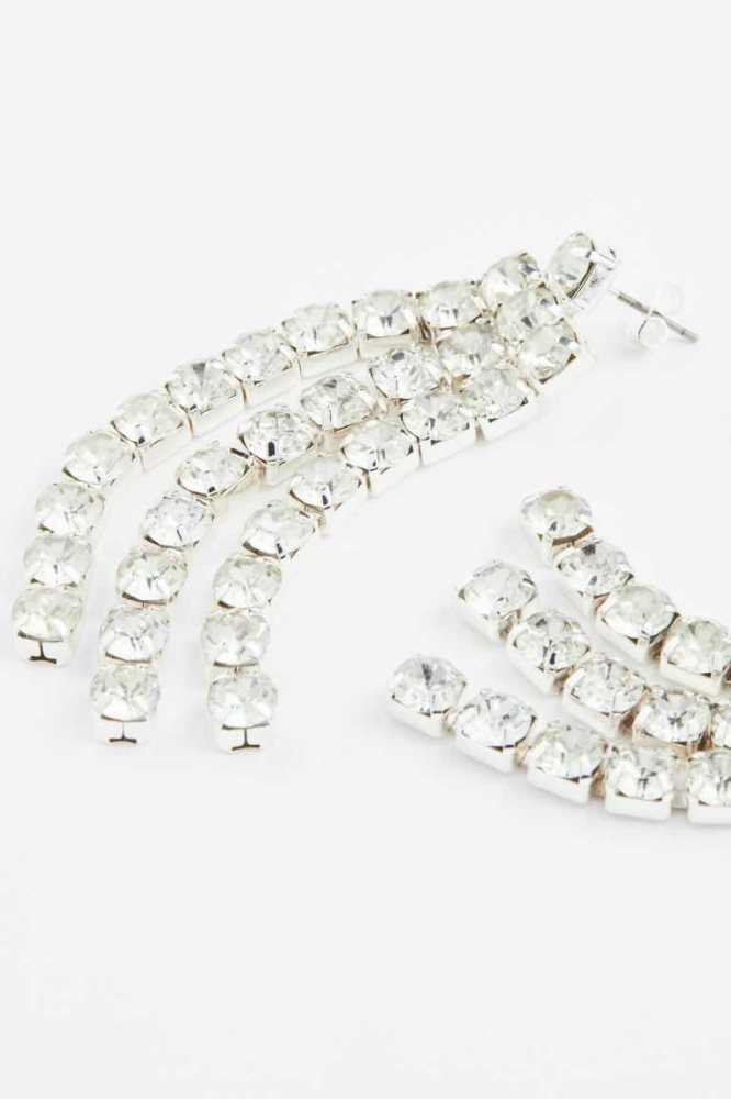 Pendientes H&M Long Rhinestone Mujer Plateados | 829637ZVO