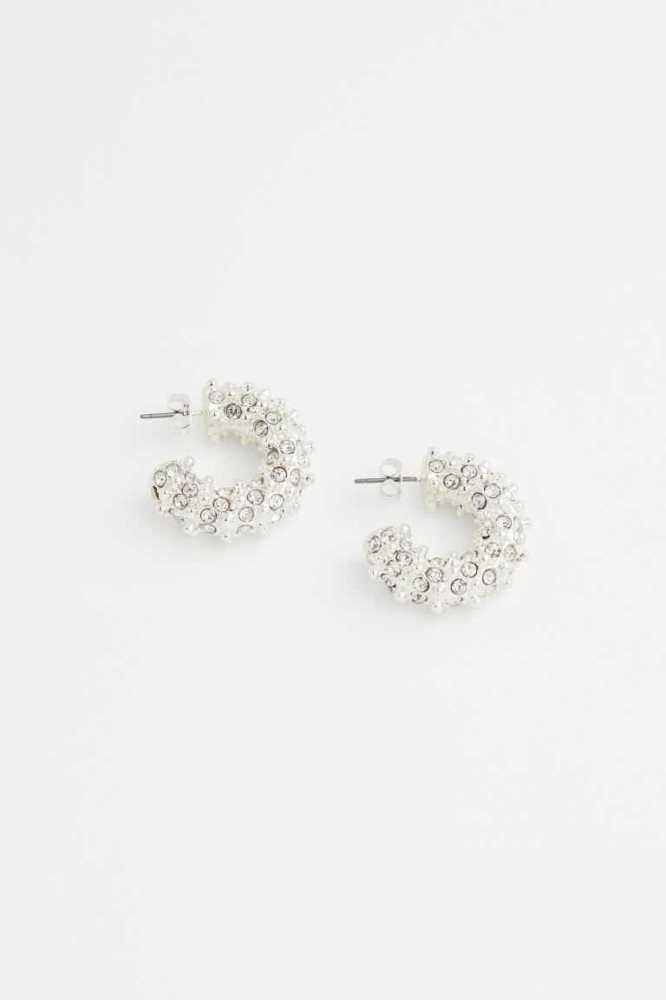 Pendientes H&M Rhinestone Hoop Mujer Plateados | 704639XHA