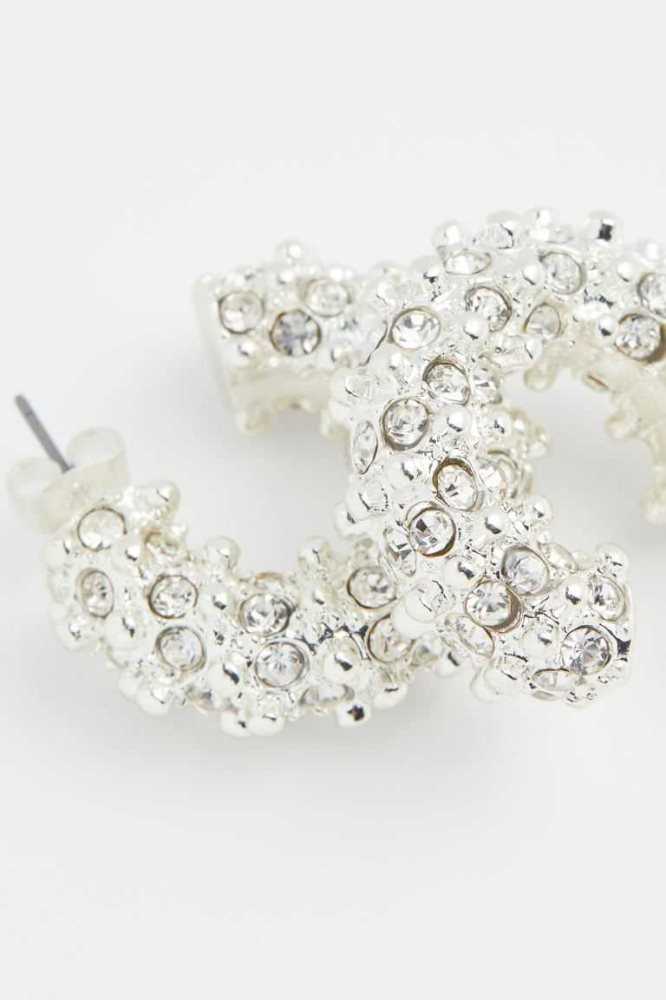 Pendientes H&M Rhinestone Hoop Mujer Plateados | 704639XHA