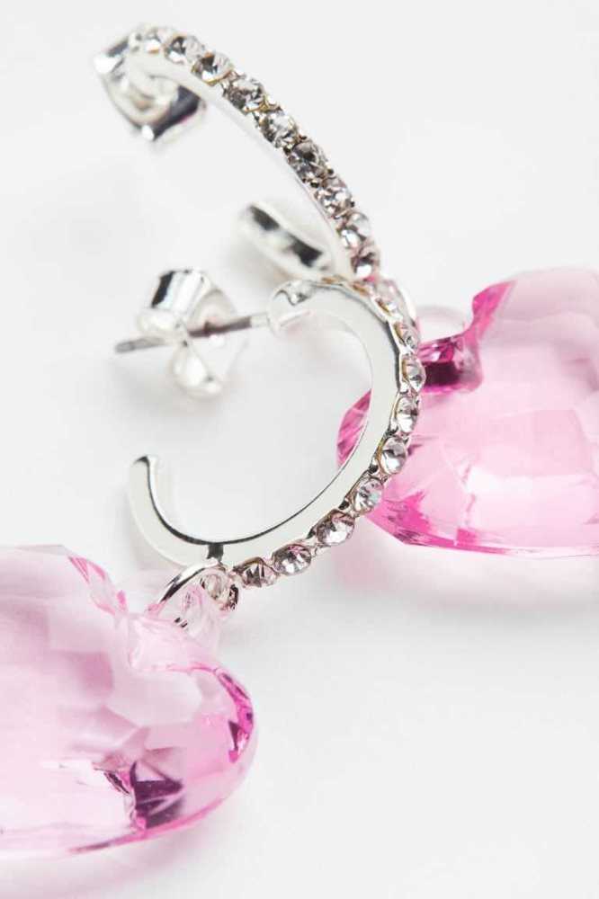 Pendientes H&M Rhinestone Hoop Mujer Plateados Rosas | 894275SYU