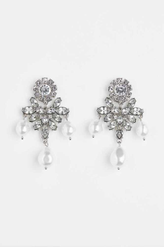 Pendientes H&M Rhinestone Mujer Plateados Blancos | 623097MHF