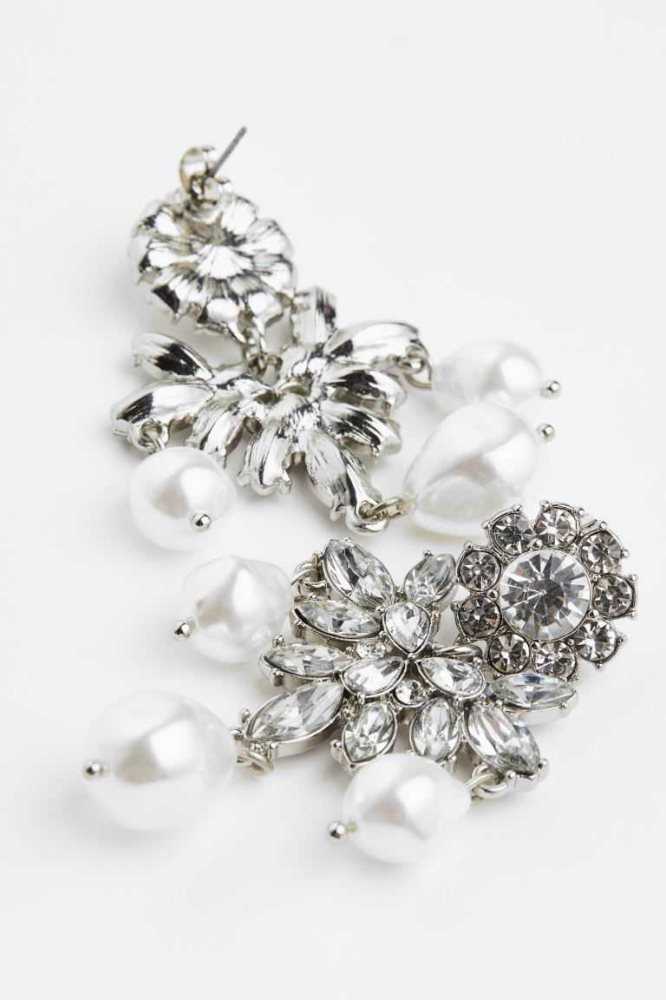 Pendientes H&M Rhinestone Mujer Plateados Blancos | 623097MHF