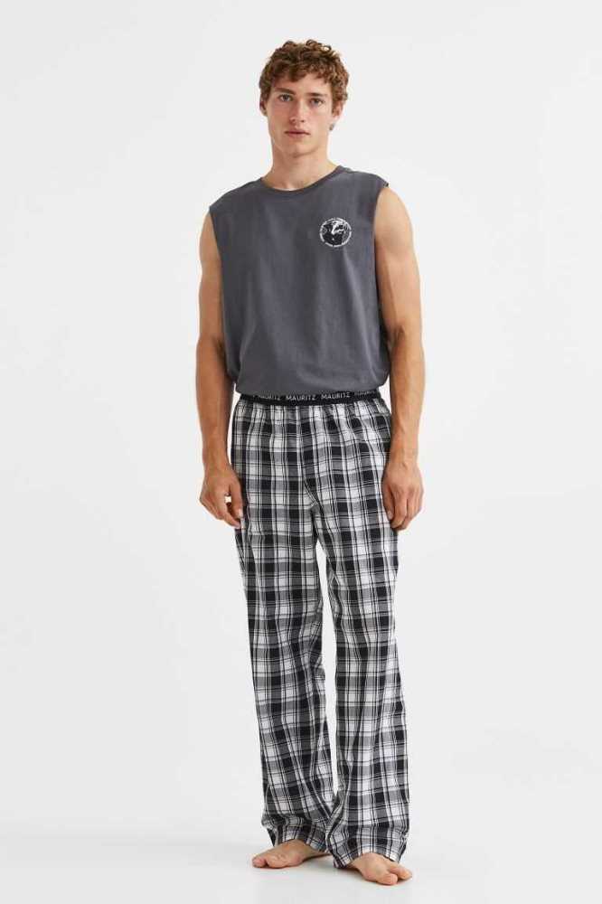 Ropa De Casa H&M Algodon Poplin Pajama Pants Hombre Negros Blancos | 497823JFC