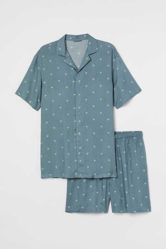 Ropa De Casa H&M Pajama Shirt and Shorts Hombre Verdes Claro | 150678YBP