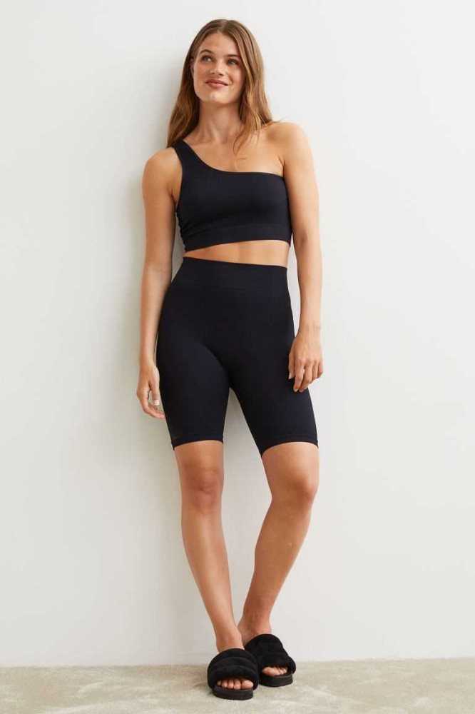 Ropa De Casa H&M Seamless Acanalado Ciclismo Shorts Mujer Negros | 902867POU